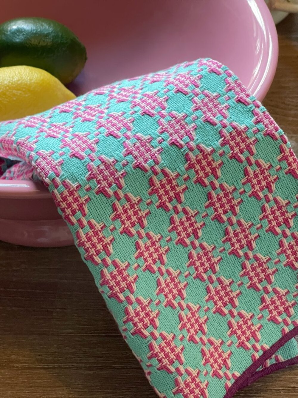 Anthropologie Aqua Pink Woven Geo Kitchen Towel -NEW - Theme: Textile Candy